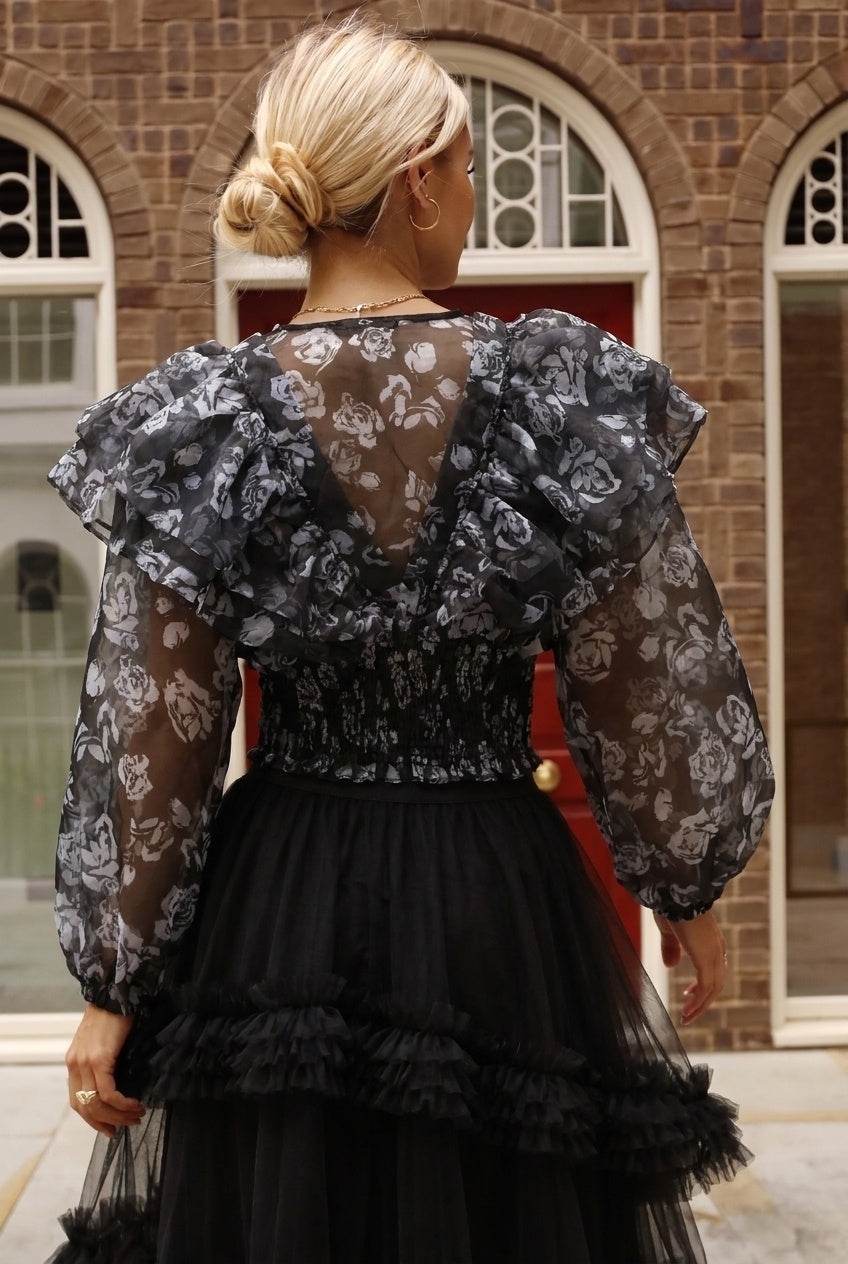 Statement Organza Ruffle Crop Top in Black Rose Print