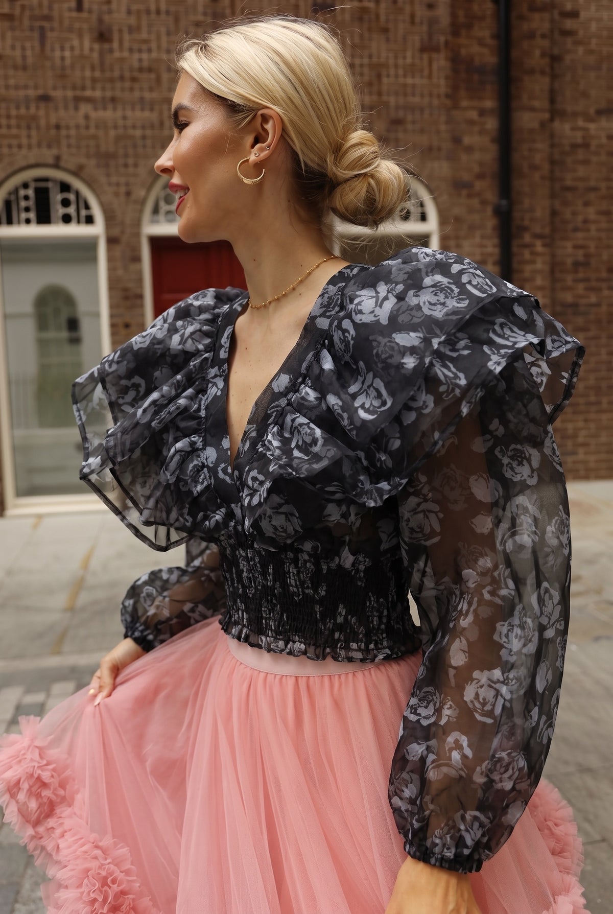 Statement Organza Ruffle Crop Top in Black Rose Print