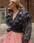 Statement Organza Ruffle Crop Top in Black Rose Print