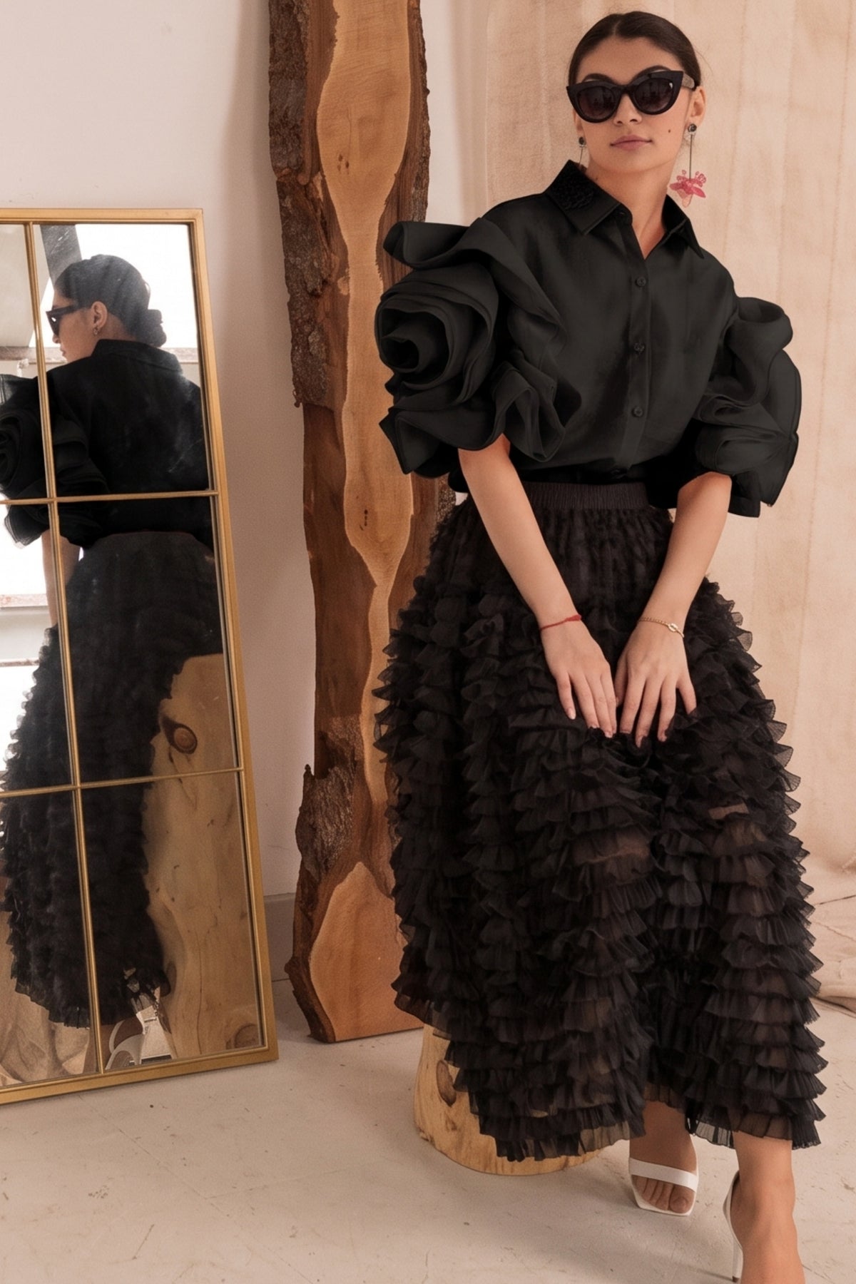 Double Layered Ruffles statements sleeves shirt top in black