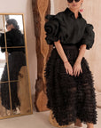 Double Layered Ruffles statements sleeves shirt top in black