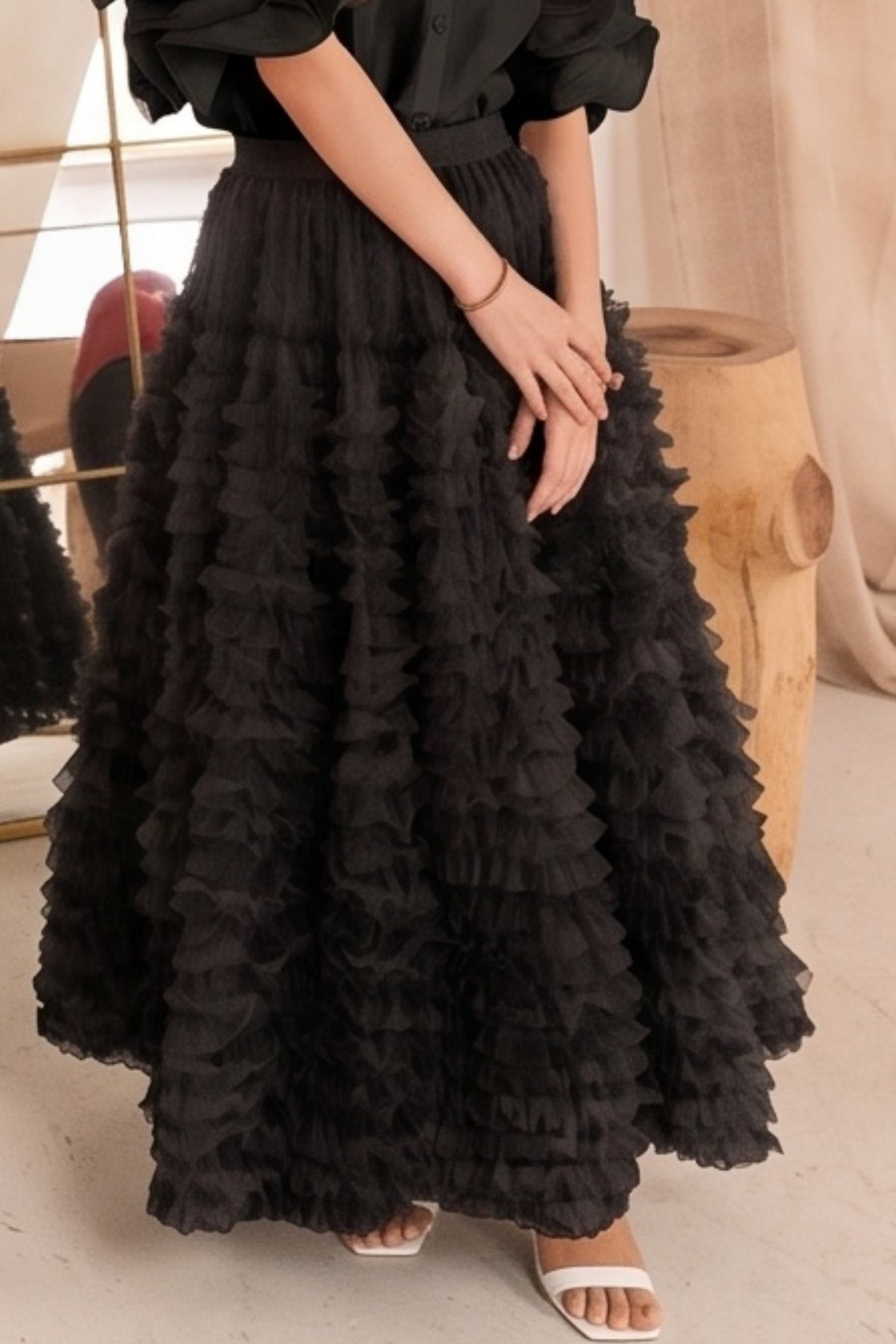 Statement Layered Ruffle Tulle Maxi Skirt In Black