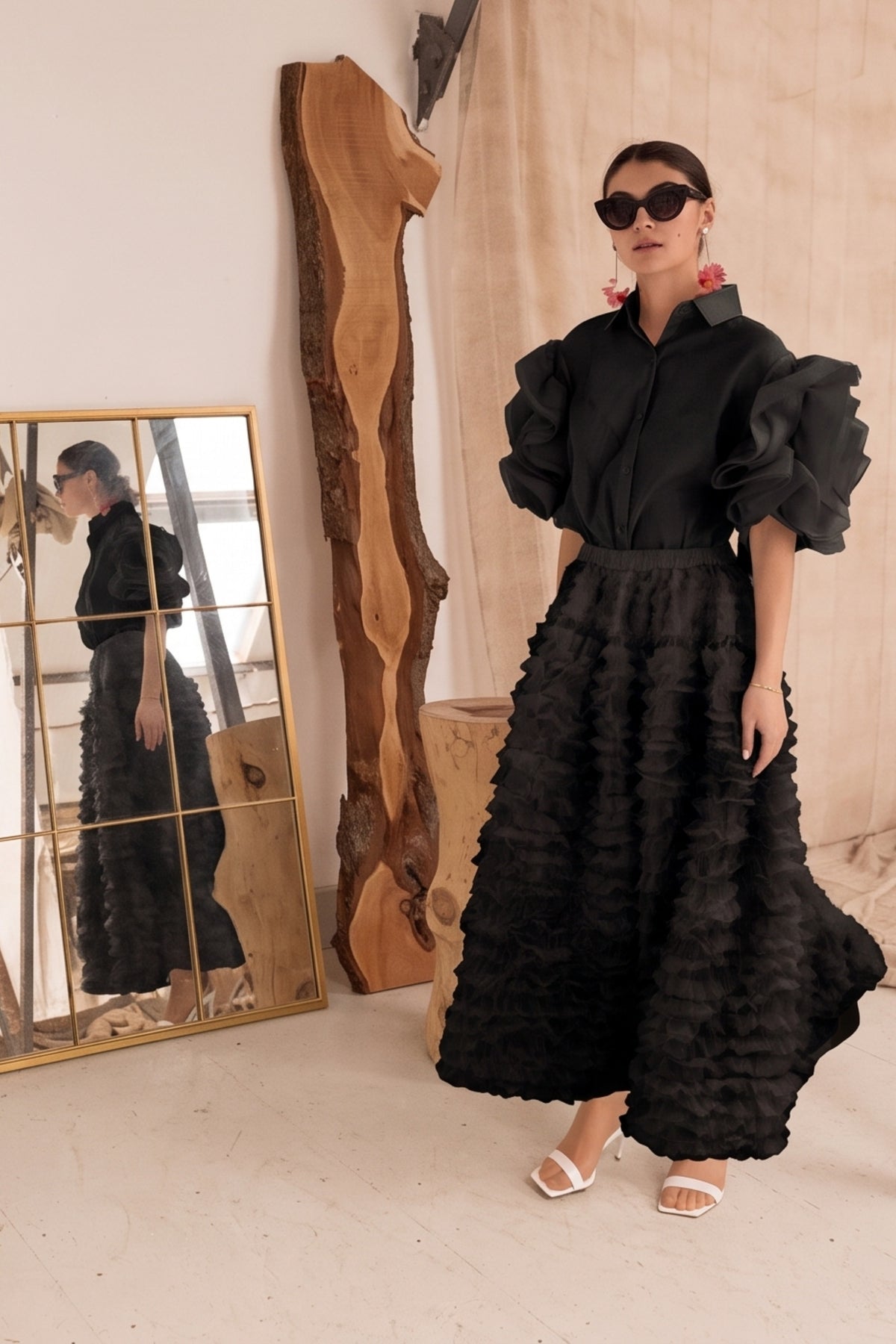 Double Layered Ruffles statements sleeves shirt top in black