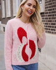 Statement Abstract Floral Embellished Fluffy Knit Cardigan in Pink