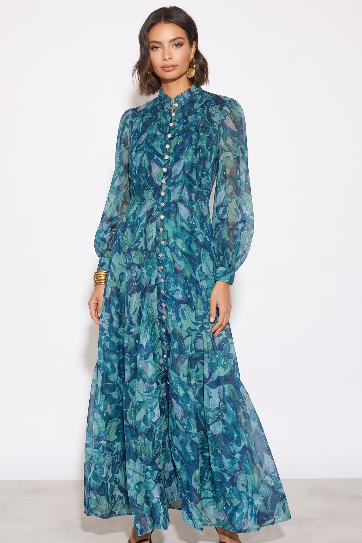 Embellished Button Front Maxi Shirt Dress with Tie Belt