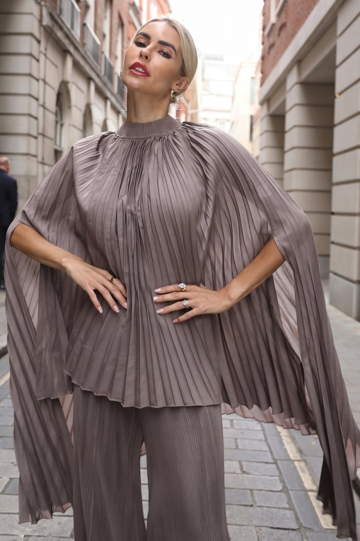 Pleated Cape Top, Vest &amp; Wide Leg Trouser Set In Grey