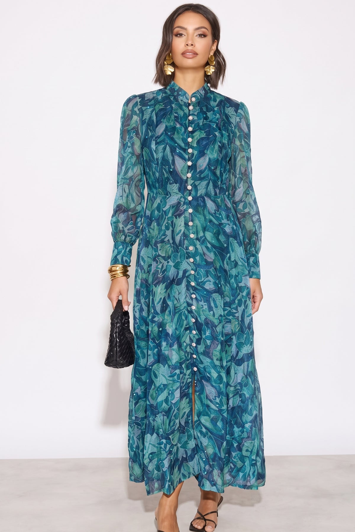 Embellished Button Front Maxi Shirt Dress with Tie Belt