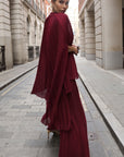 Pleated Cape Top, Vest & Wide Leg Trouser Set In Burgundy