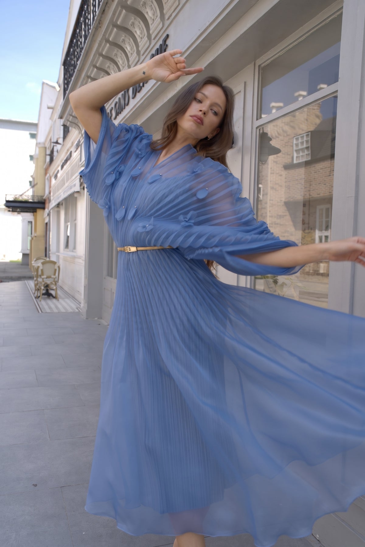 Floral Appliqué Pleated Organza Cape Midi Dress