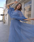 Floral Appliqué Pleated Organza Cape Midi Dress