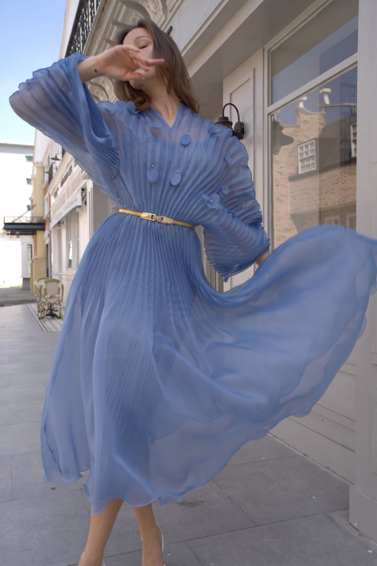 Floral Appliqué Pleated Organza Cape Midi Dress