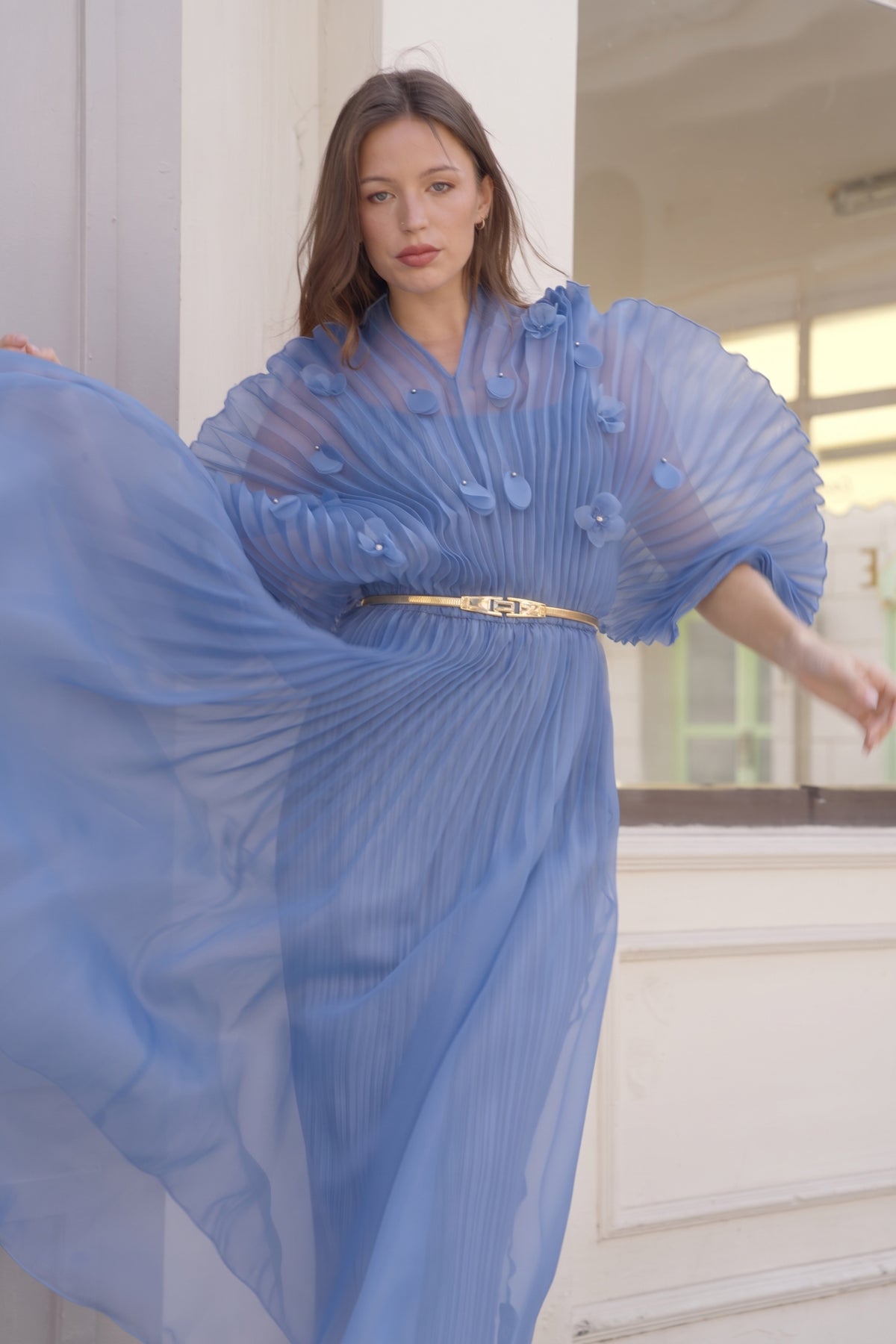 Floral Appliqué Pleated Organza Cape Midi Dress