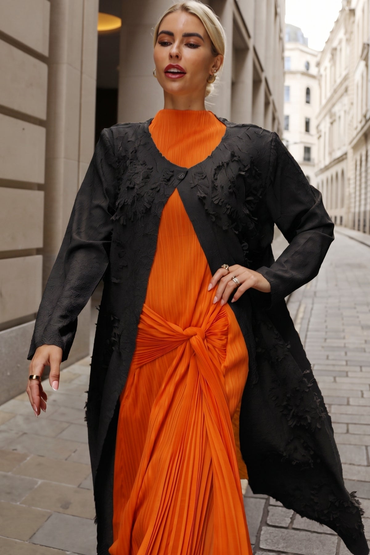 Statement Textured Floral Longline Cardigan in Black