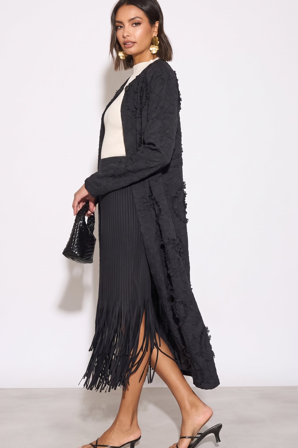 Statement Textured Floral Longline Cardigan in Black