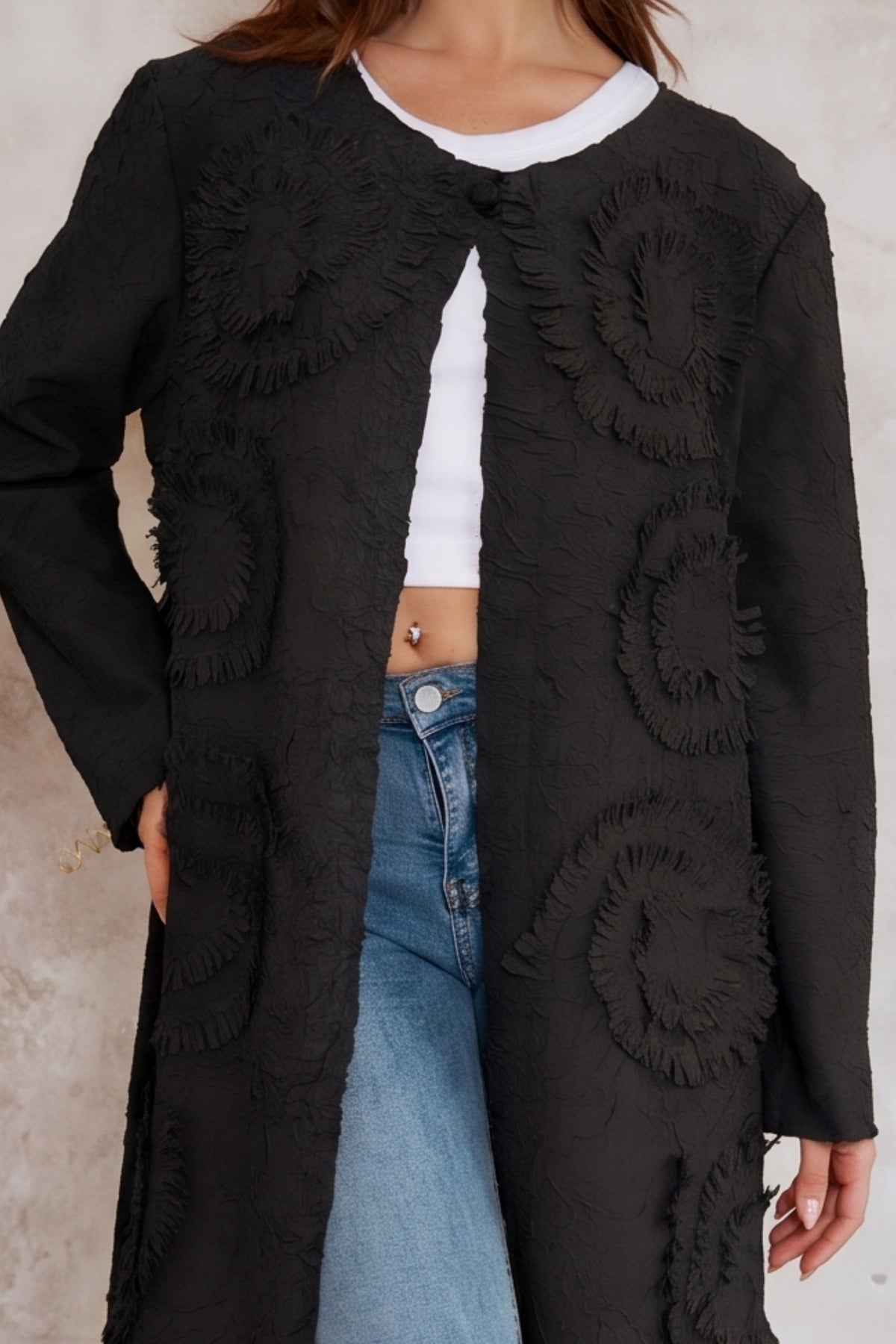 Statement Textured Floral Longline Cardigan in Black