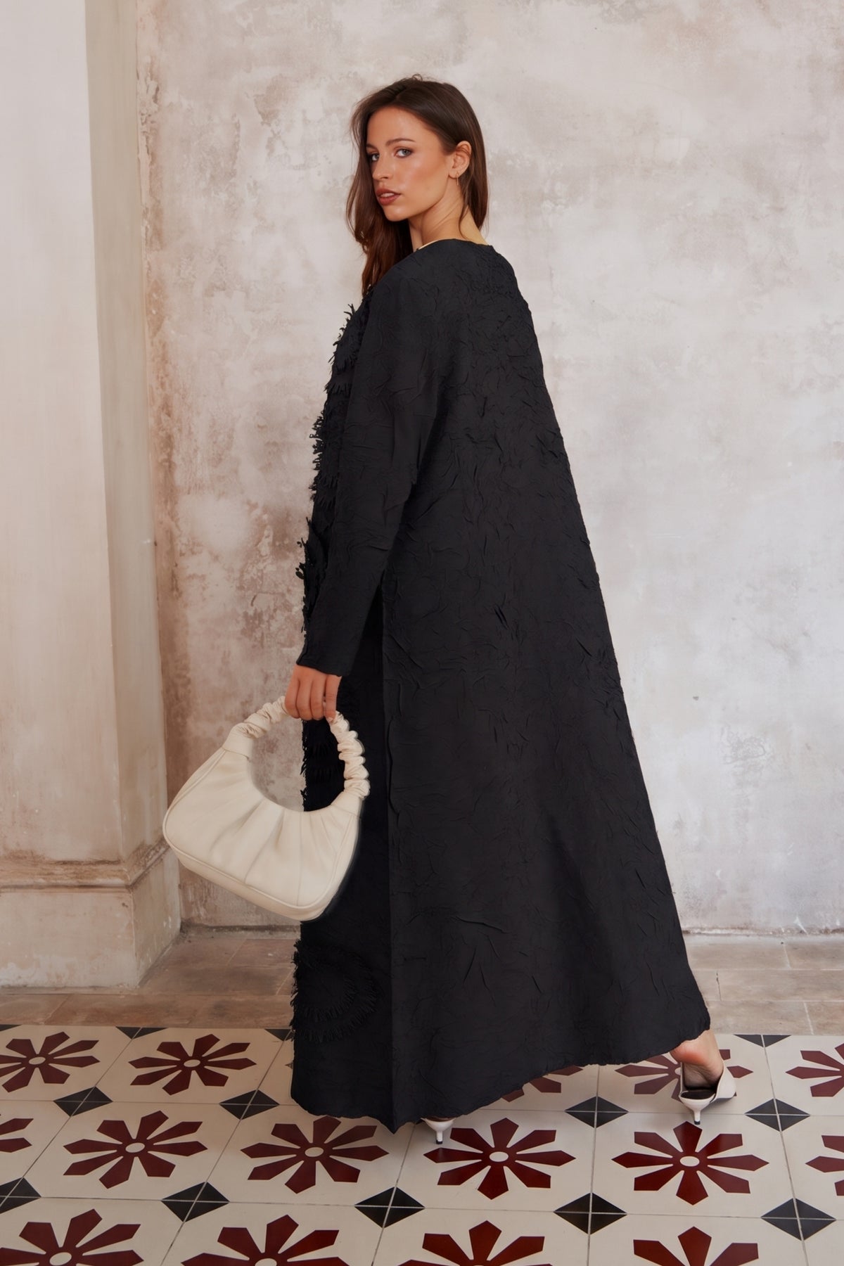 Statement Textured Floral Longline Cardigan in Black