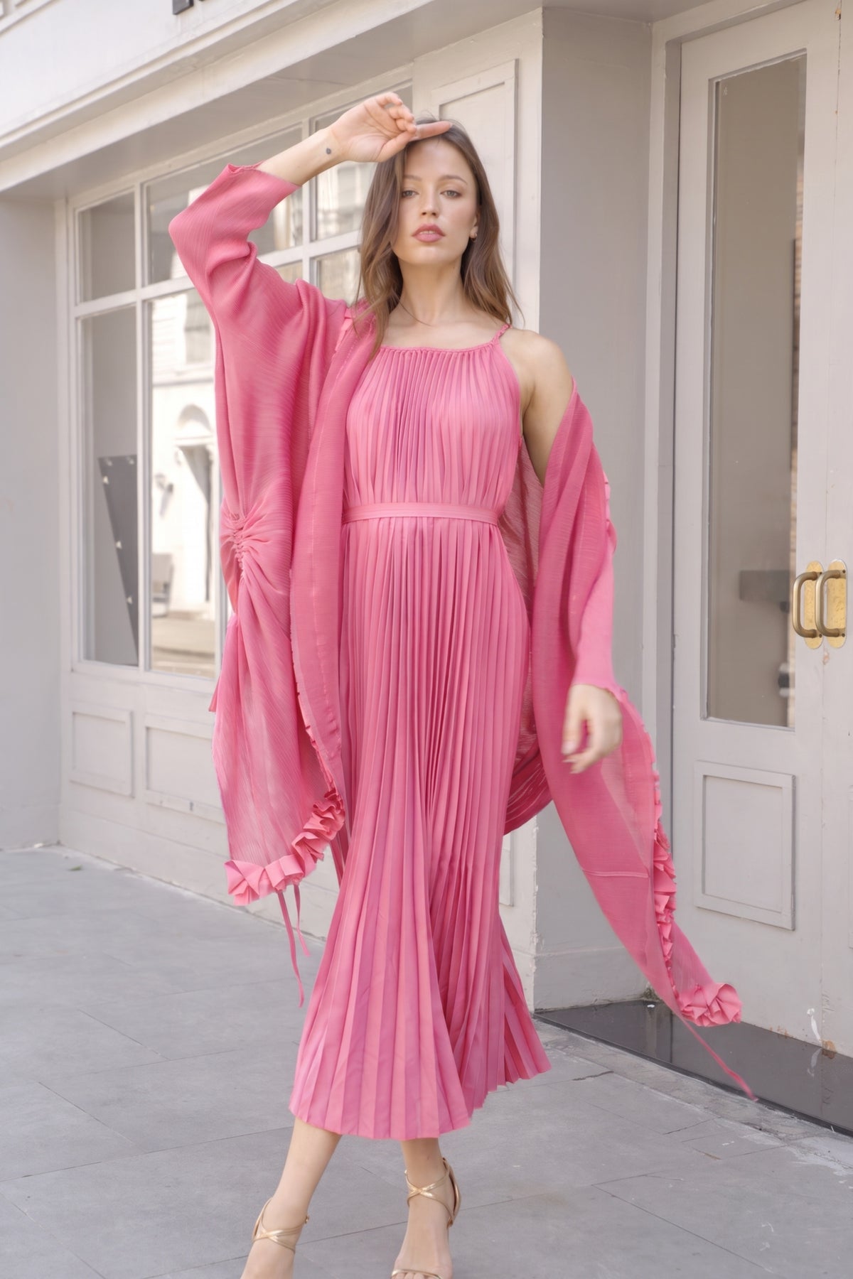 Pleated Midi Dress with Oversized Ruffle Trim Kimono Cardigan Set