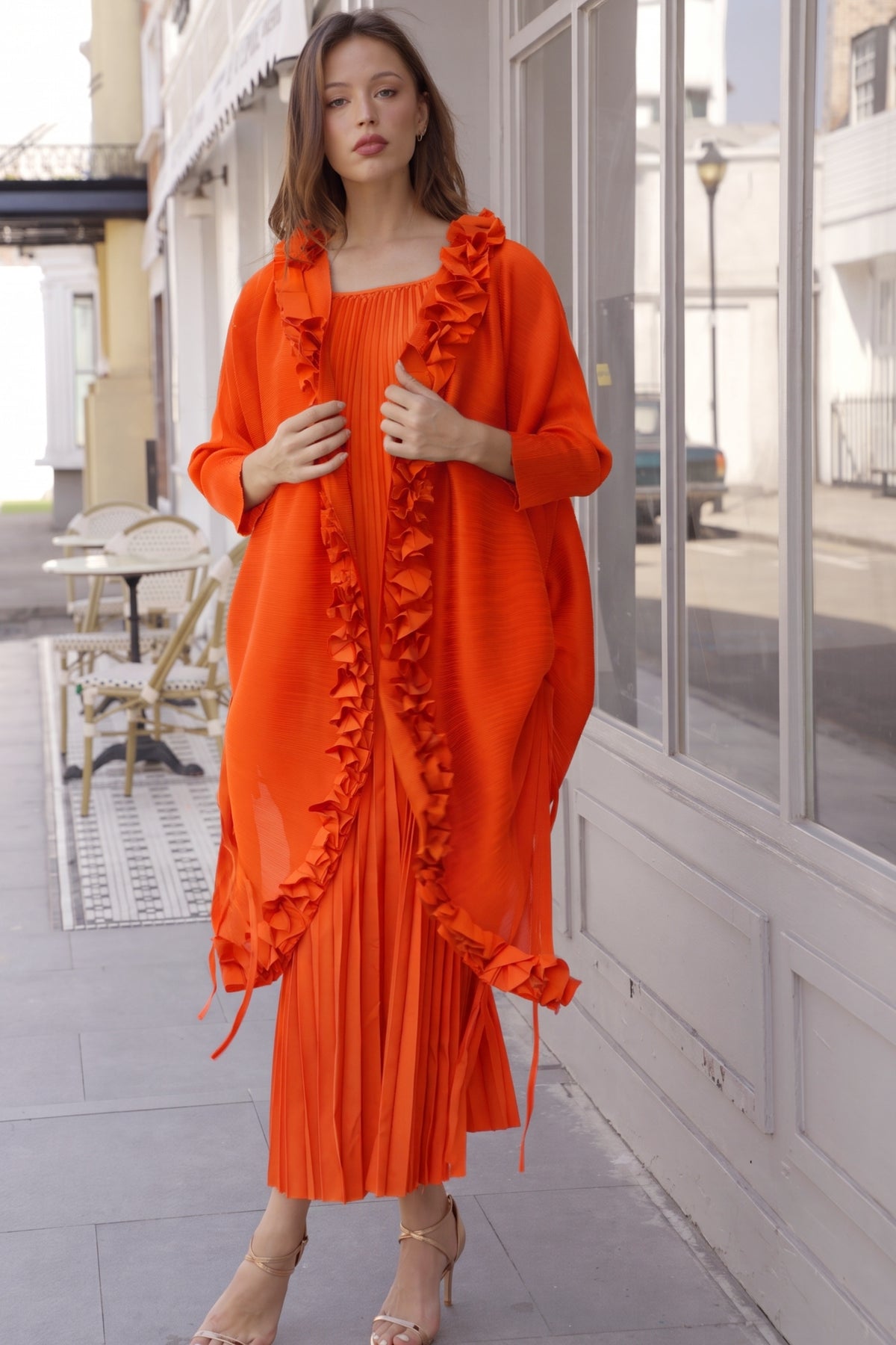 Pleated Midi Dress with Oversized Ruffle Trim Kimono Cardigan Set