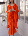 Pleated Midi Dress with Oversized Ruffle Trim Kimono Cardigan Set