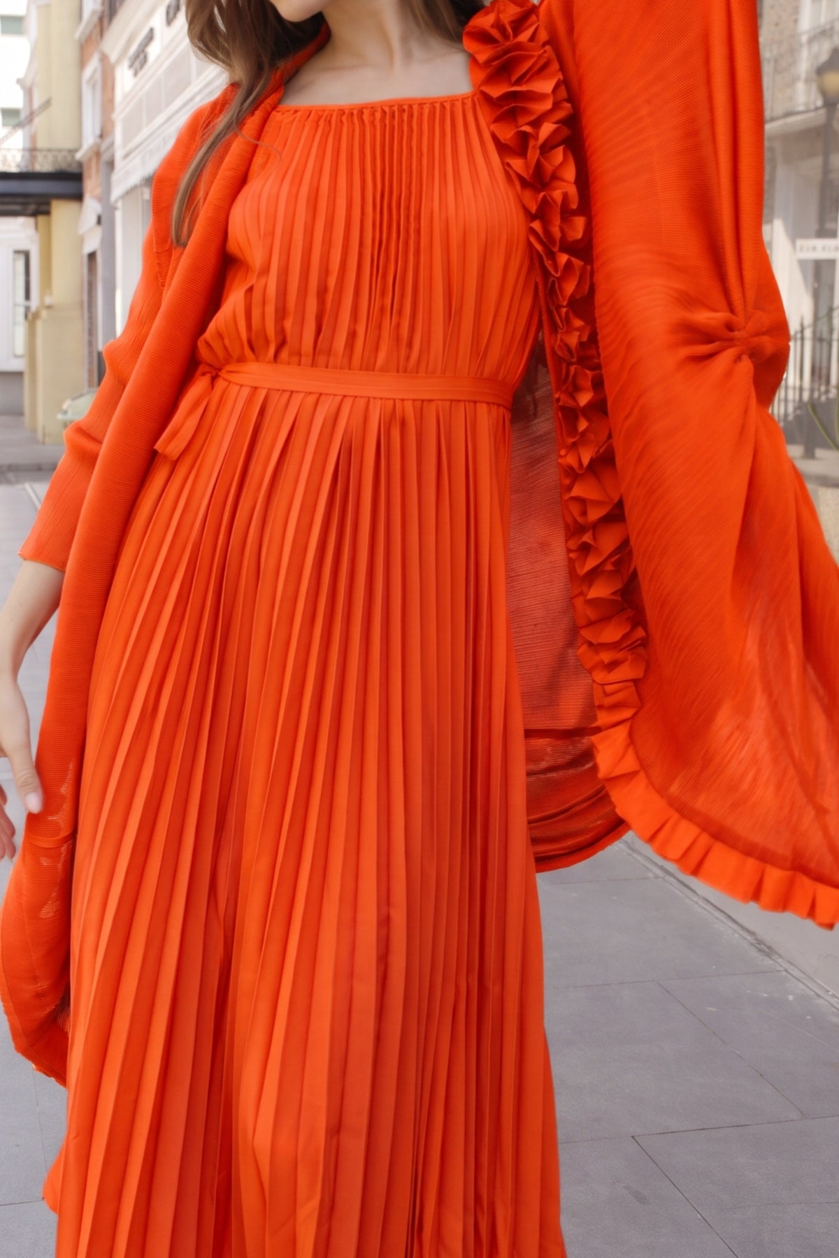 Pleated Midi Dress with Oversized Ruffle Trim Kimono Cardigan Set
