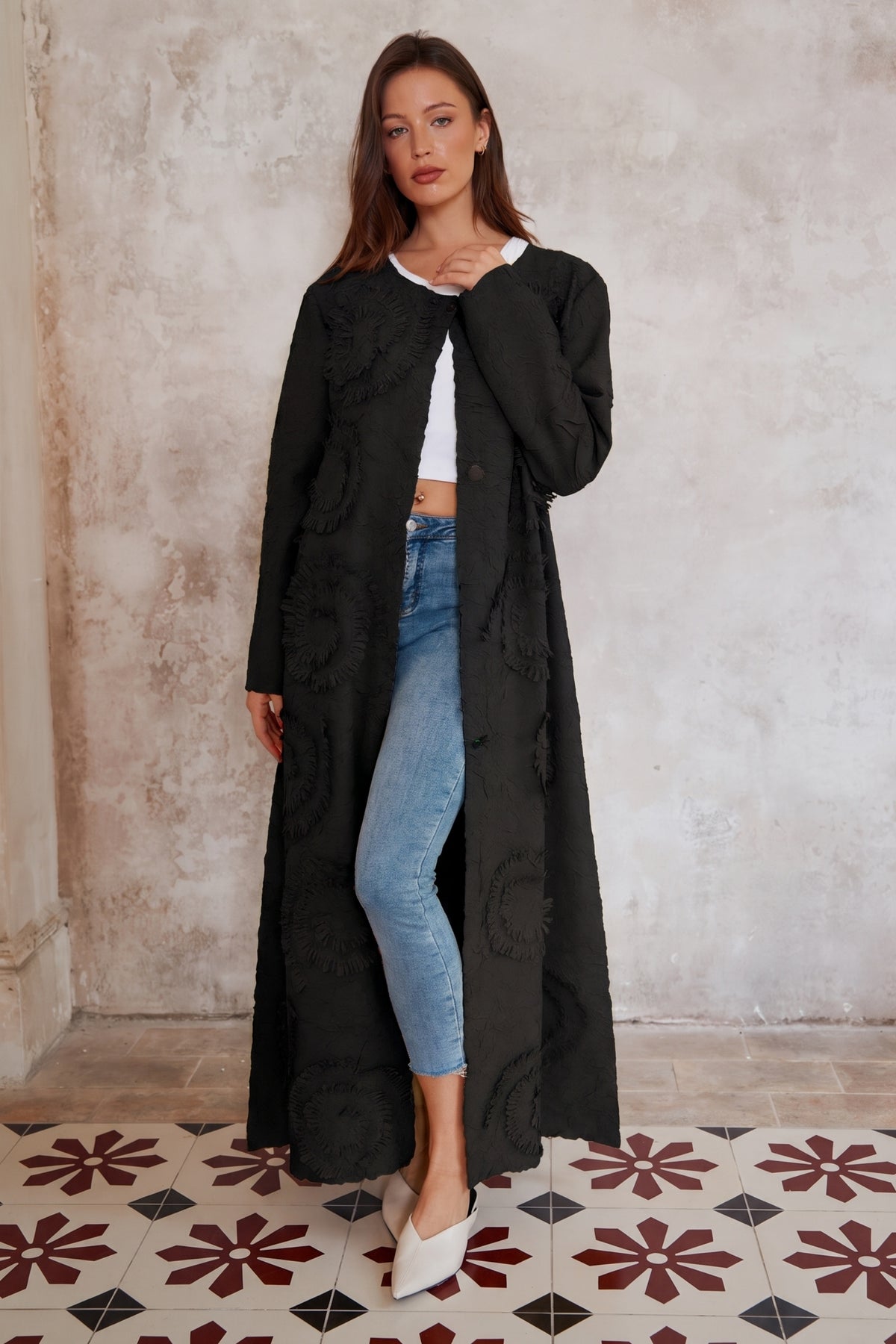 Statement Textured Floral Longline Cardigan in Black