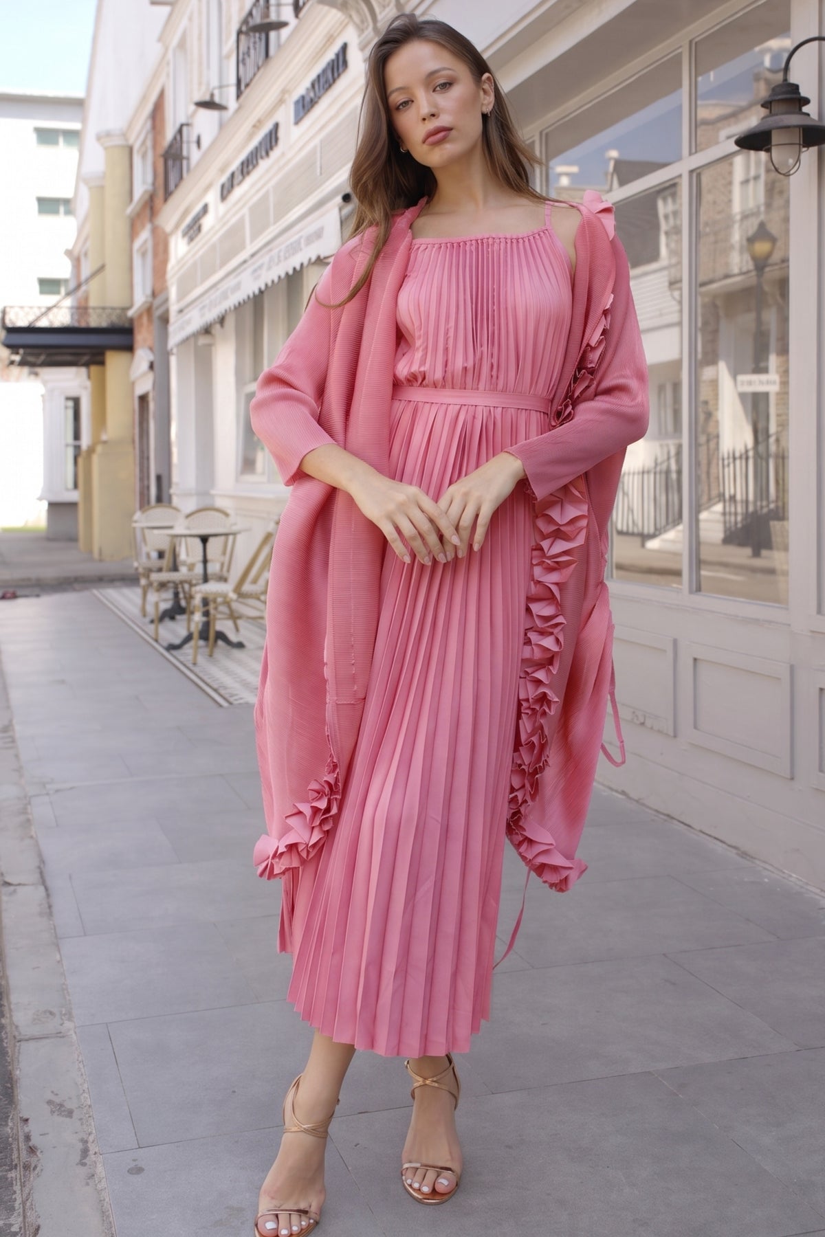 Pleated Midi Dress with Oversized Ruffle Trim Kimono Cardigan Set