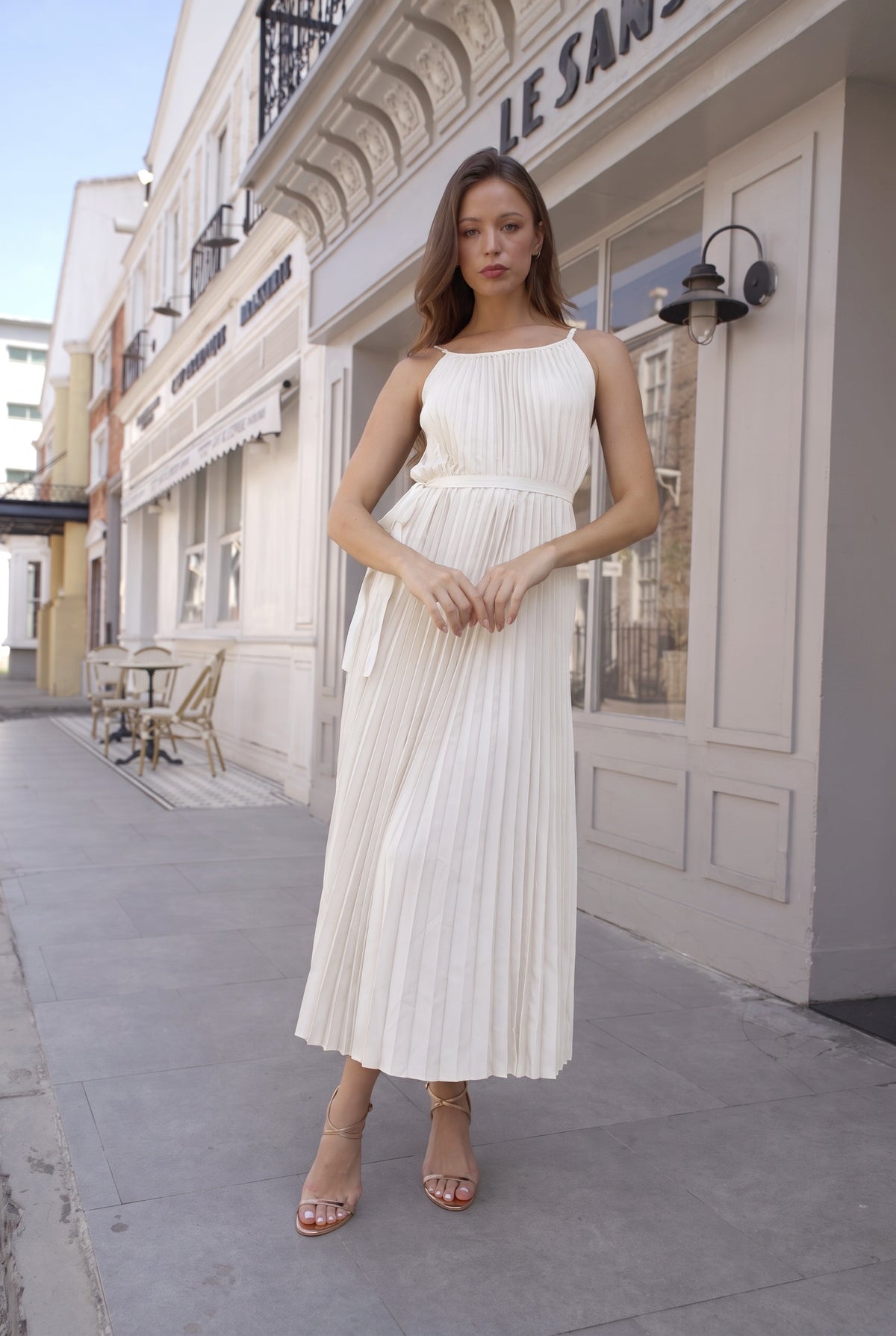 Pleated Midi Dress with Oversized Ruffle Trim Kimono Cardigan Set