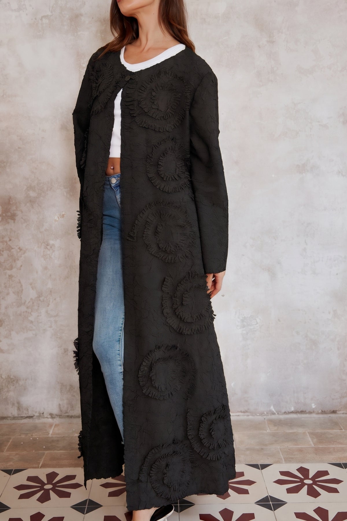 Statement Textured Floral Longline Cardigan in Black