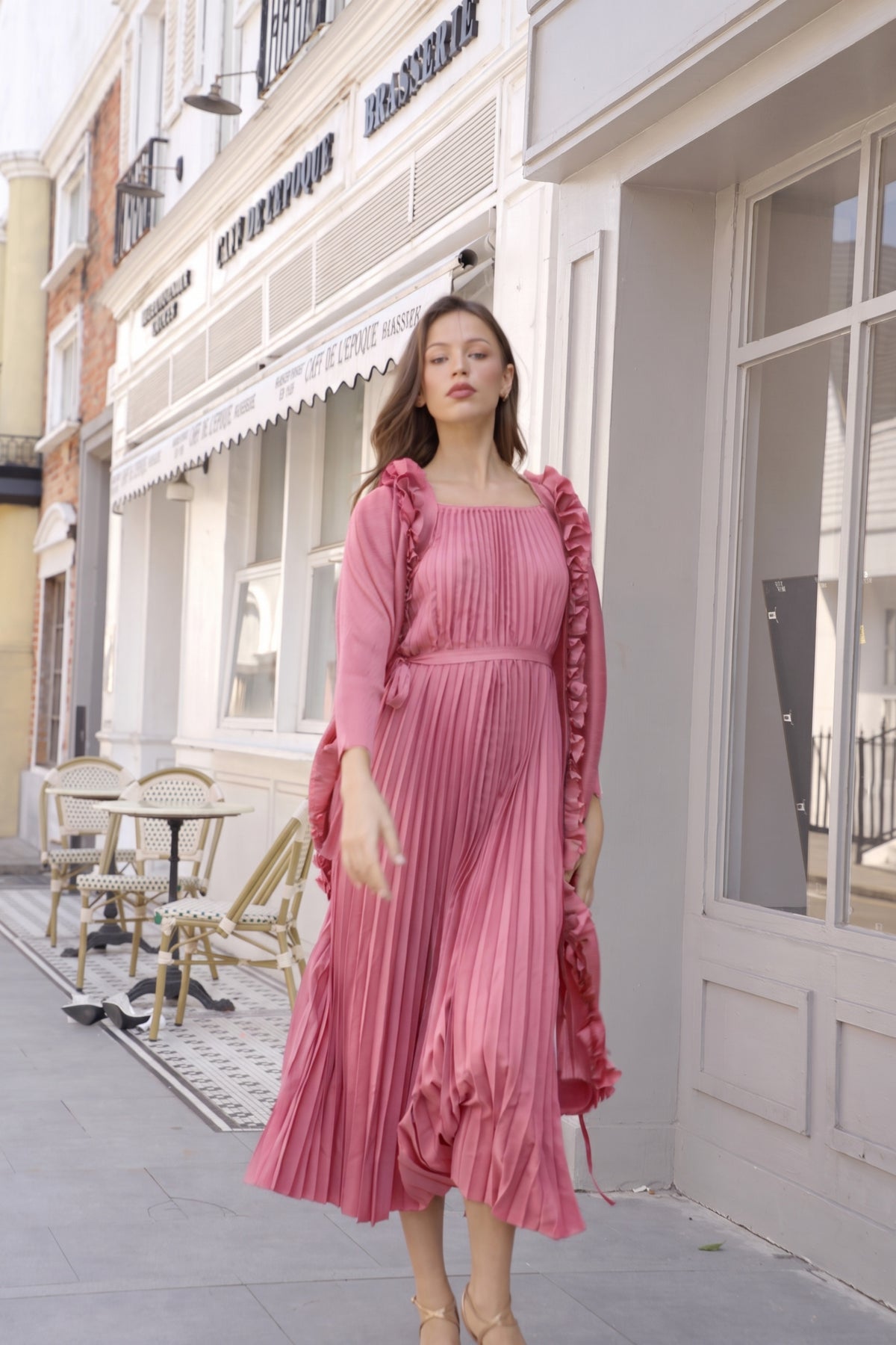 Pleated Midi Dress with Oversized Ruffle Trim Kimono Cardigan Set