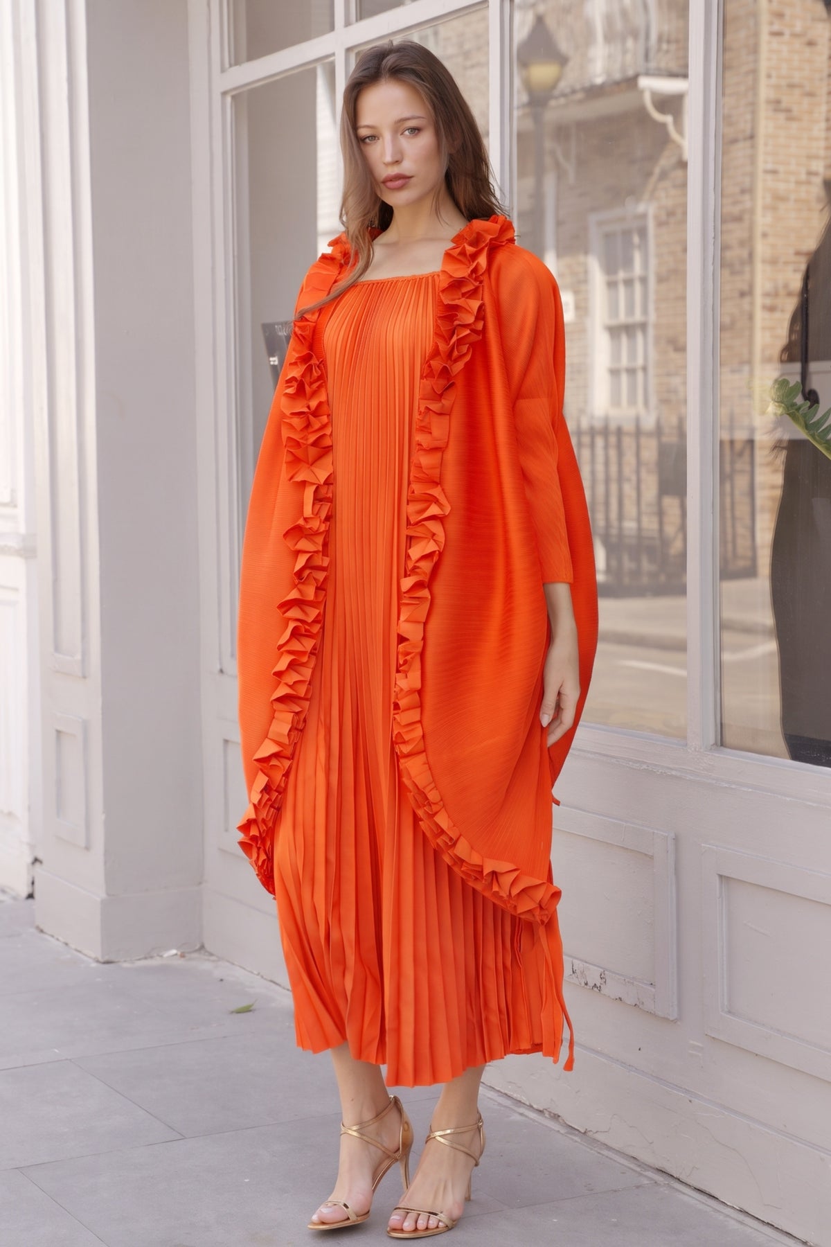 Pleated Midi Dress with Oversized Ruffle Trim Kimono Cardigan Set
