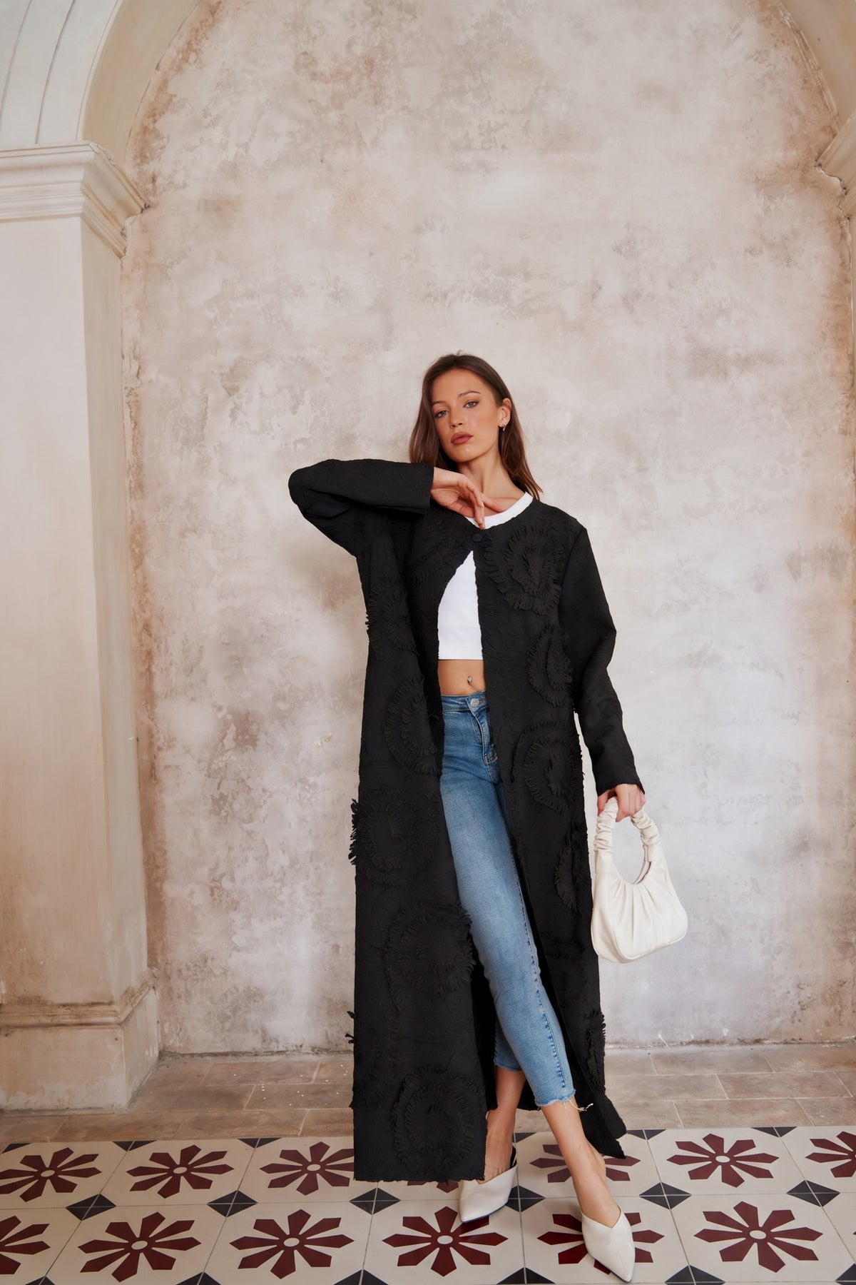 Statement Textured Floral Longline Cardigan in Black