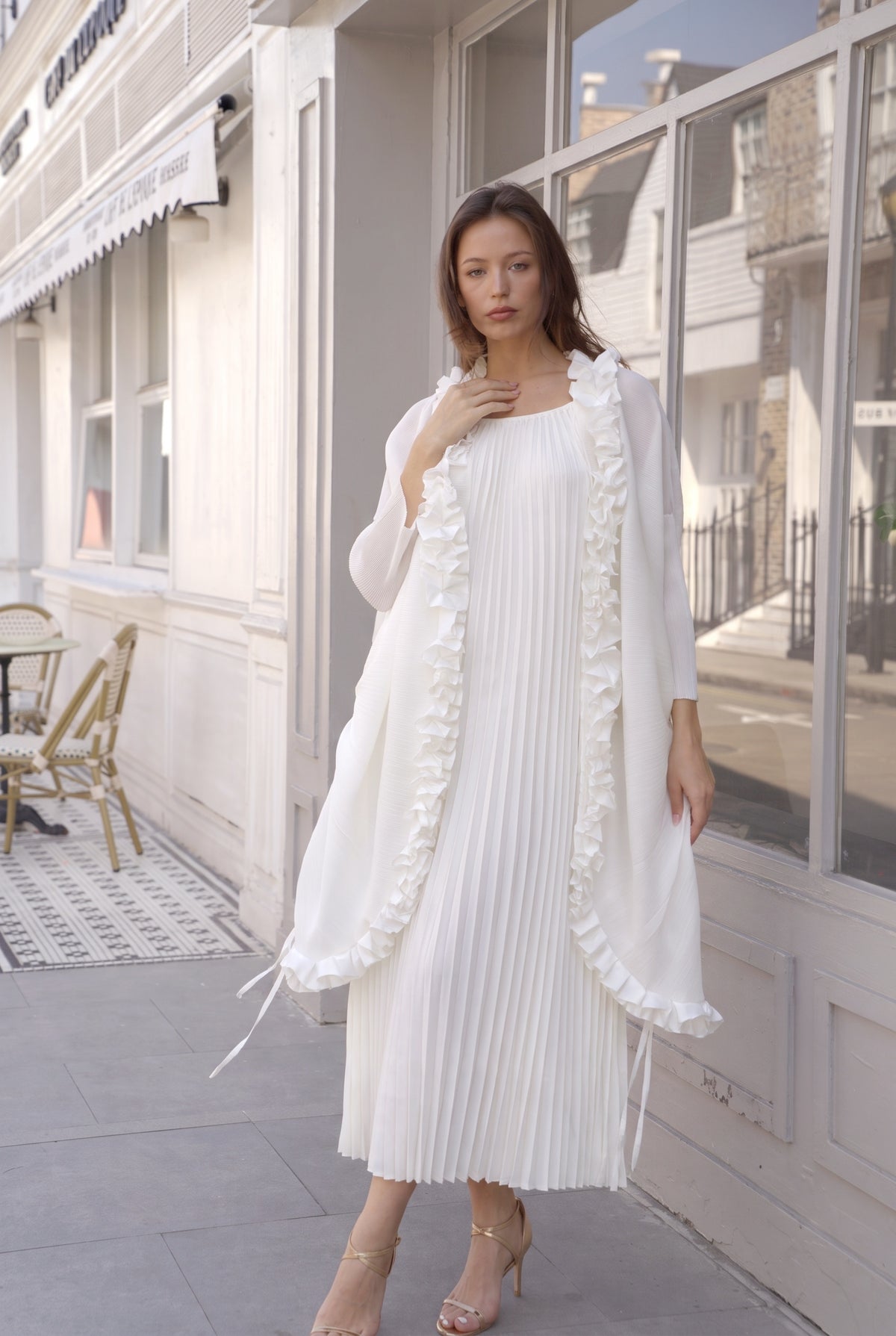 Pleated Midi Dress with Oversized Ruffle Trim Kimono Cardigan Set