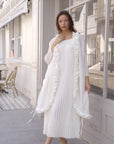 Pleated Midi Dress with Oversized Ruffle Trim Kimono Cardigan Set