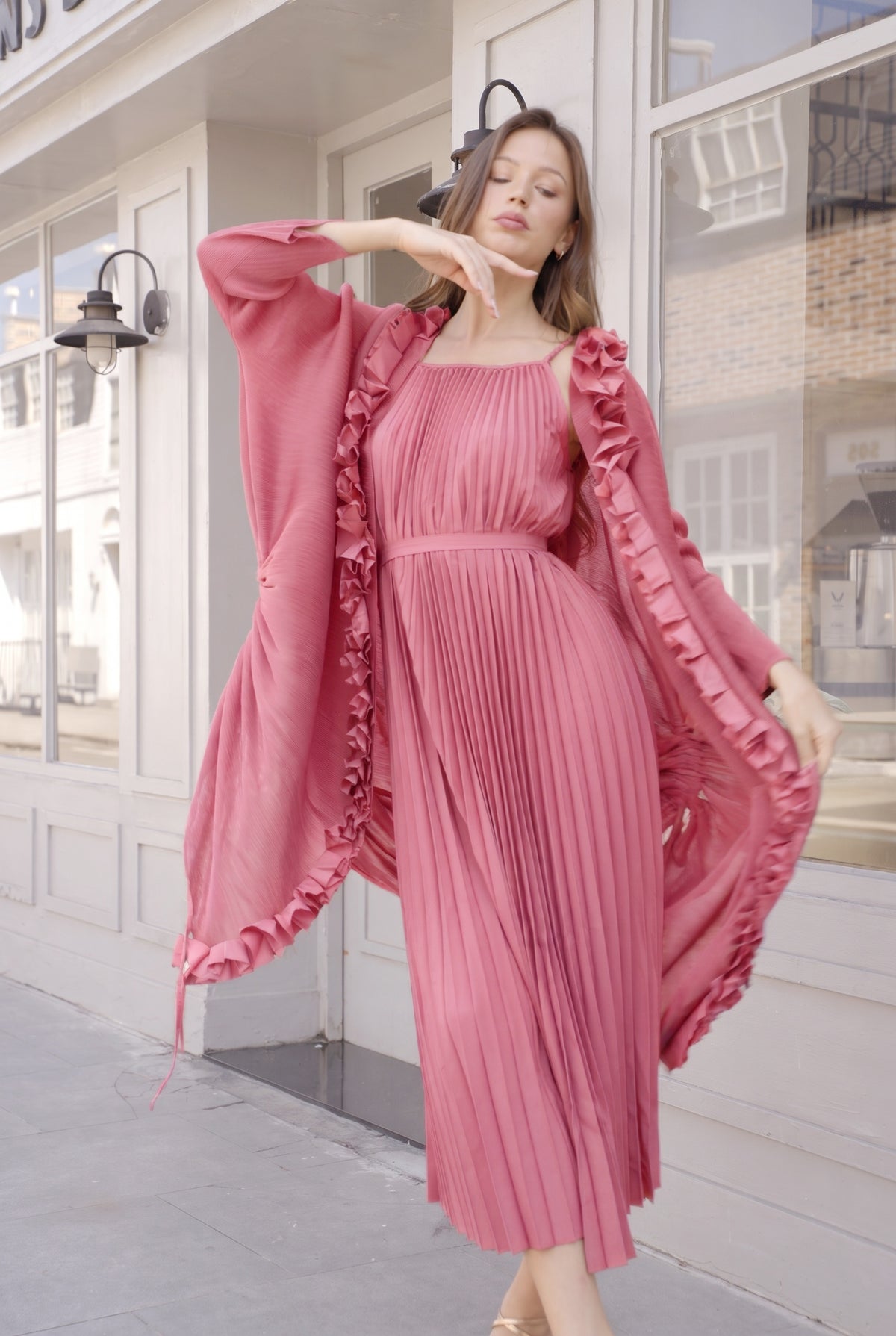 Pleated Midi Dress with Oversized Ruffle Trim Kimono Cardigan Set