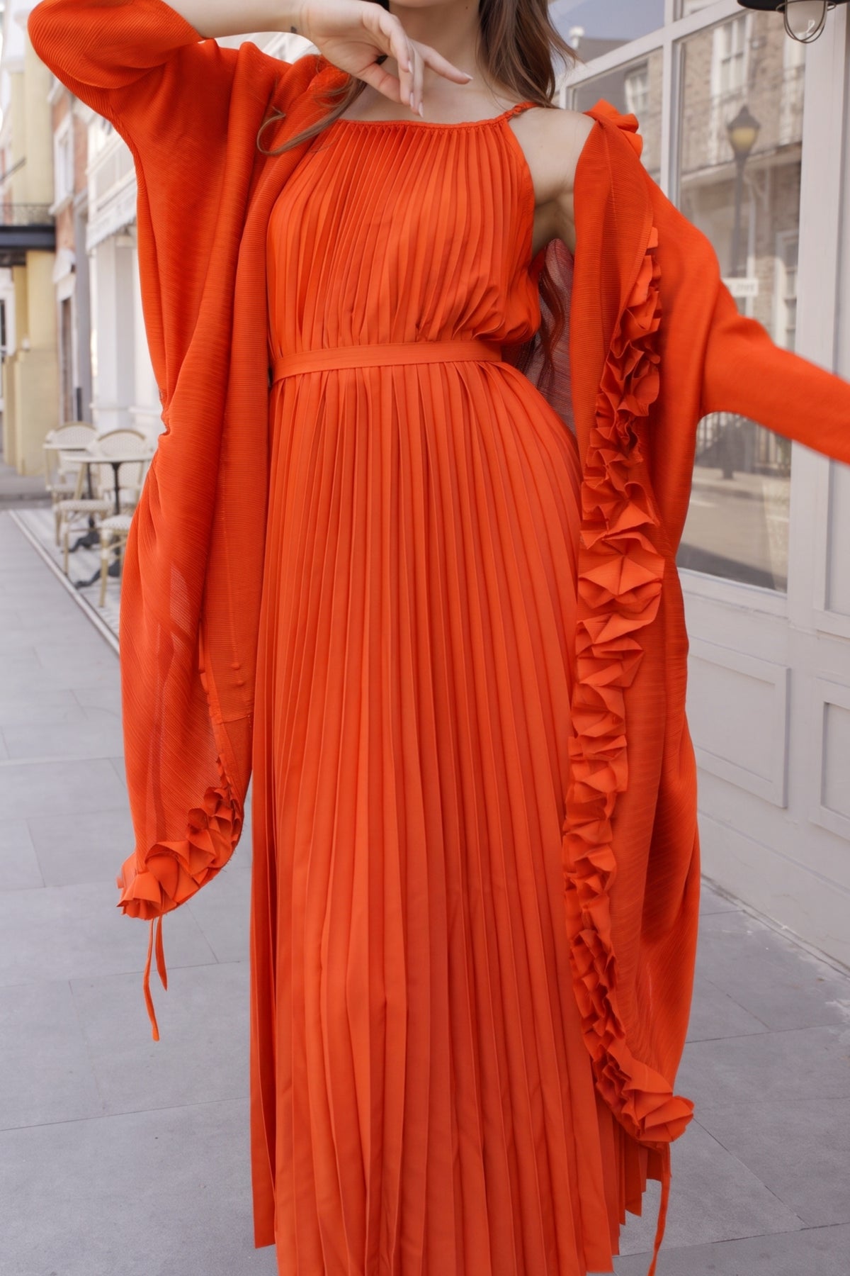 Pleated Midi Dress with Oversized Ruffle Trim Kimono Cardigan Set