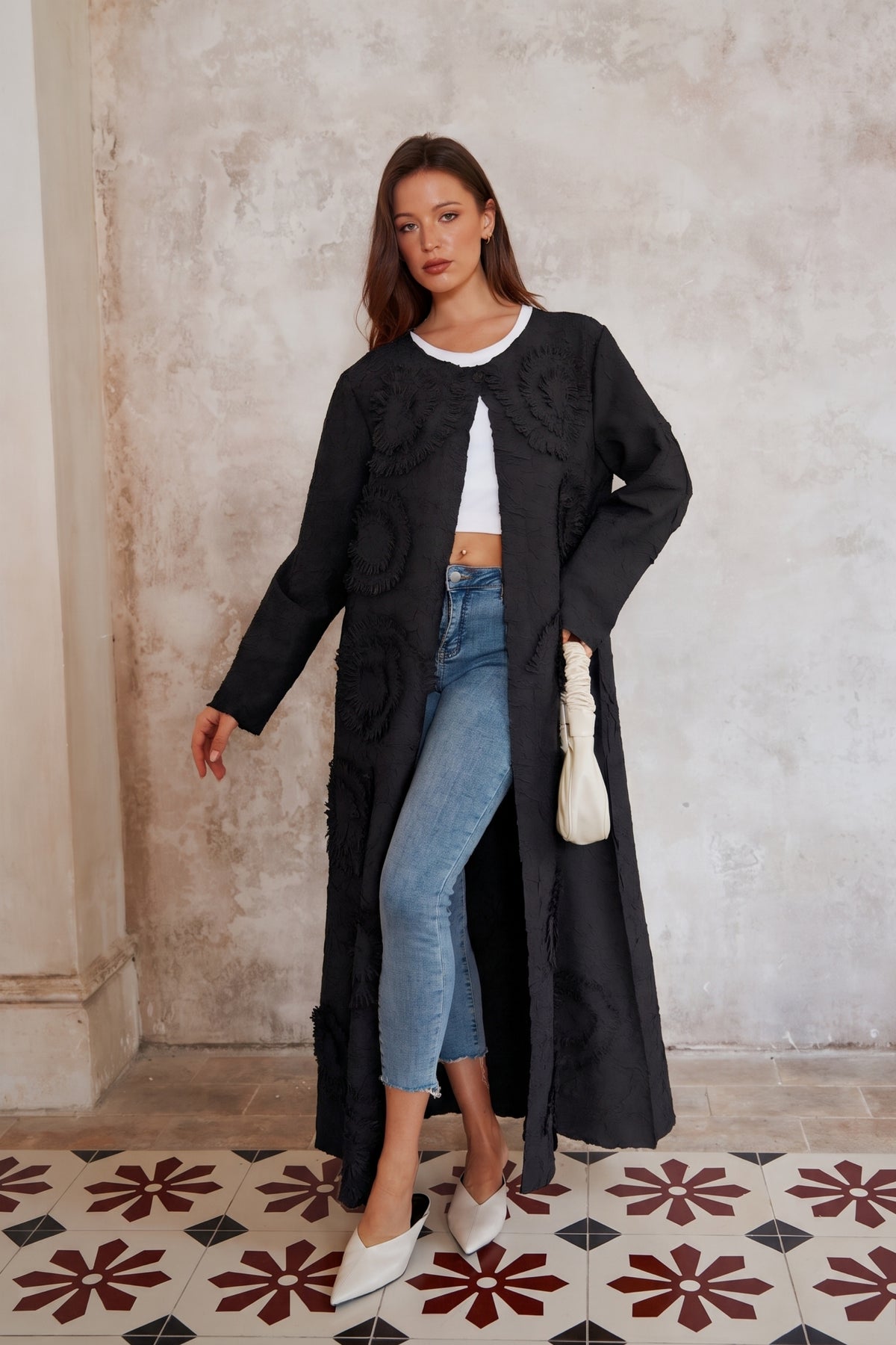 Statement Textured Floral Longline Cardigan in Black