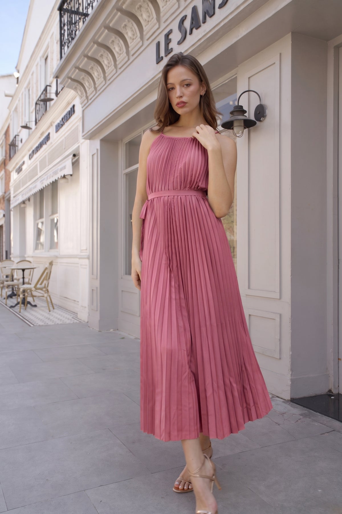 Pleated Midi Dress with Oversized Ruffle Trim Kimono Cardigan Set