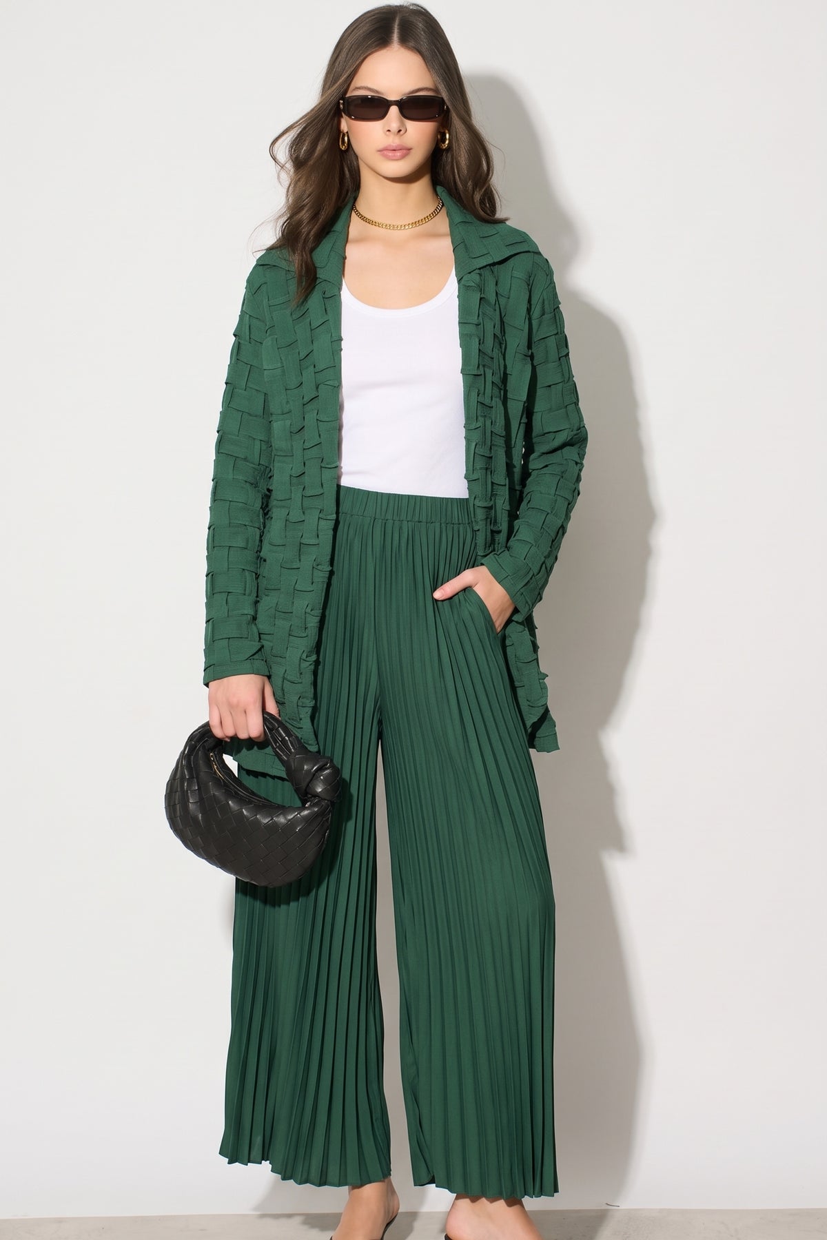 Textured Woven Jacket &amp; Pleated Wide-Leg Trousers Co-Ord Set