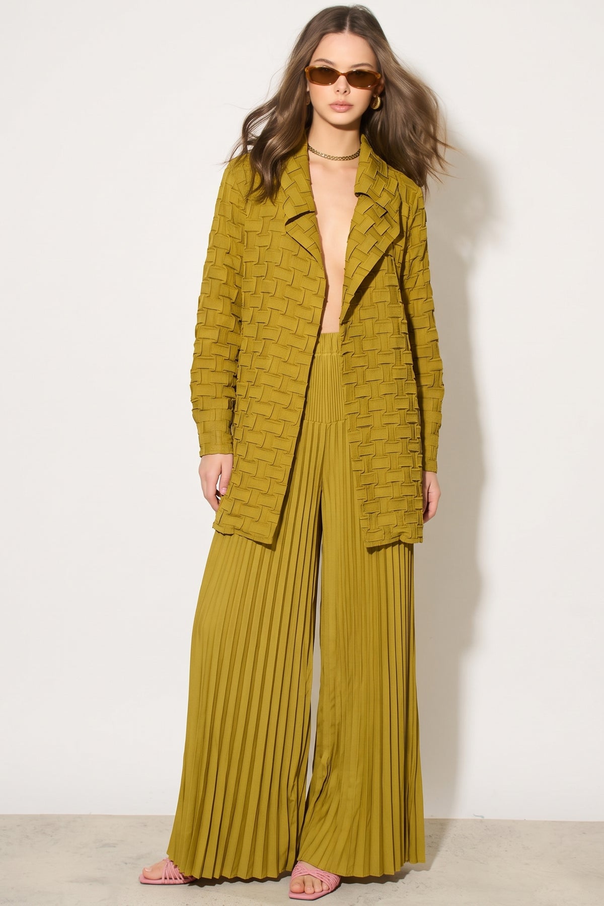 Textured Woven Jacket &amp; Pleated Wide-Leg Trousers Co-Ord Set