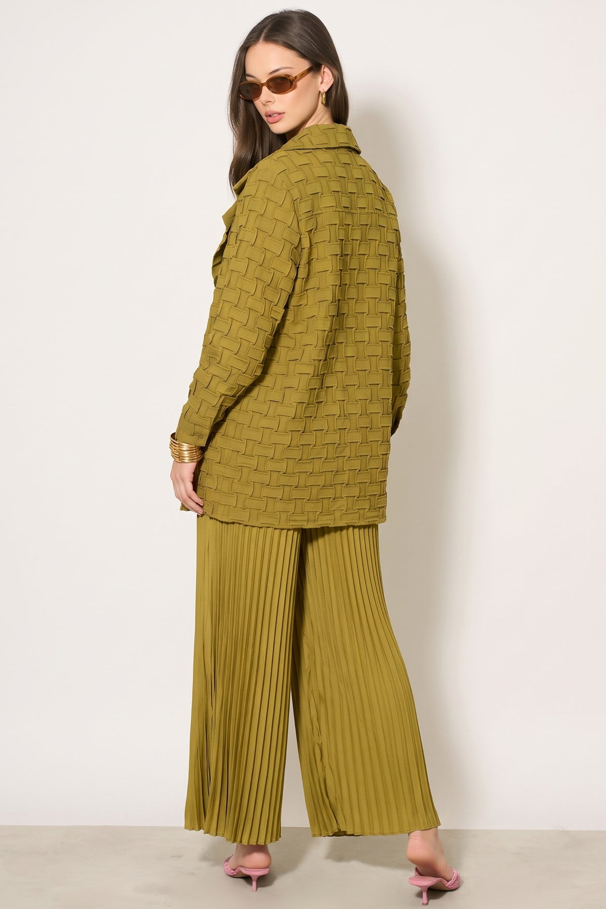 Textured Woven Jacket &amp; Pleated Wide-Leg Trousers Co-Ord Set