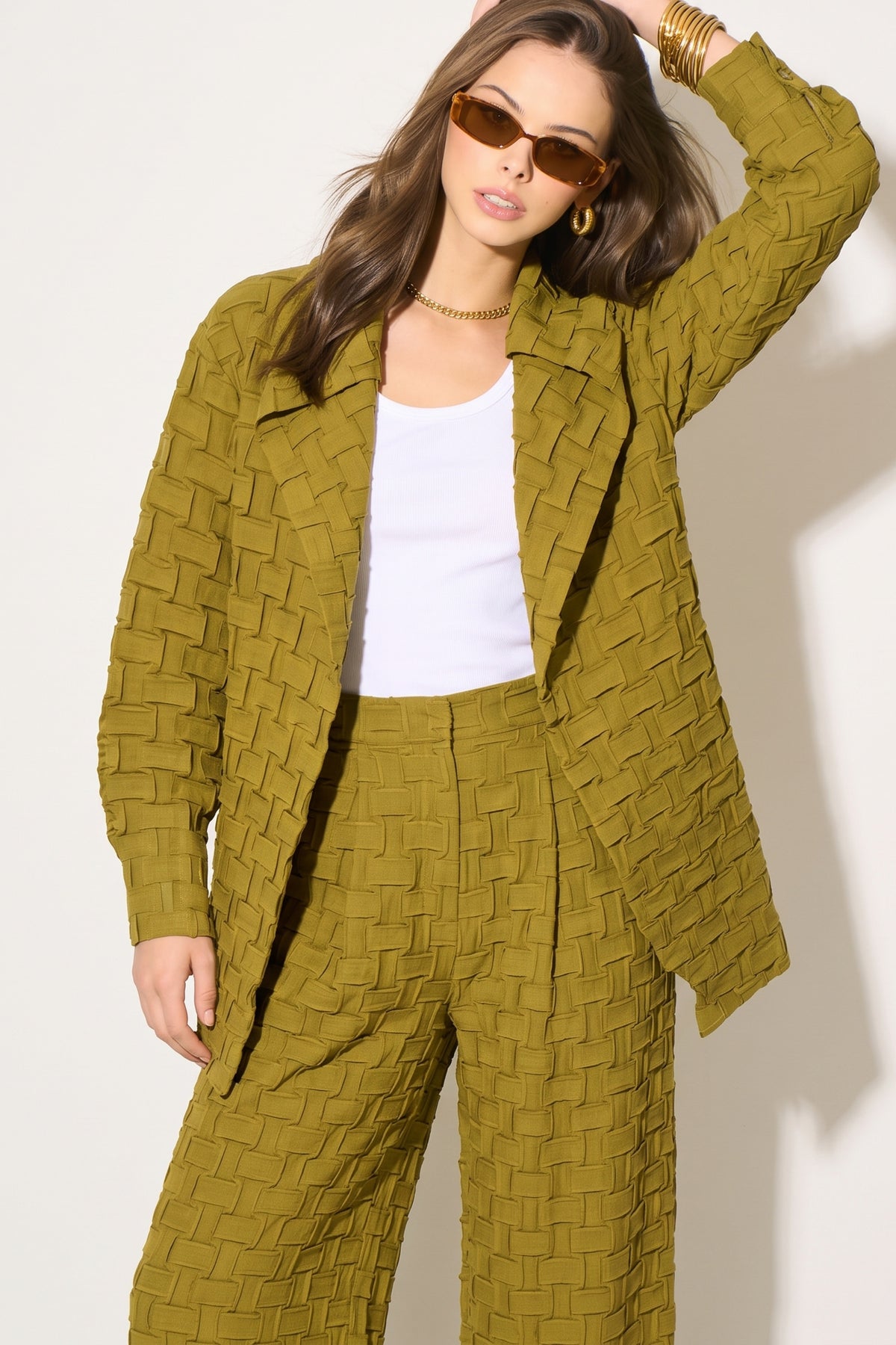 Textured Woven Jacket &amp; Pleated Wide-Leg Trousers Co-Ord Set