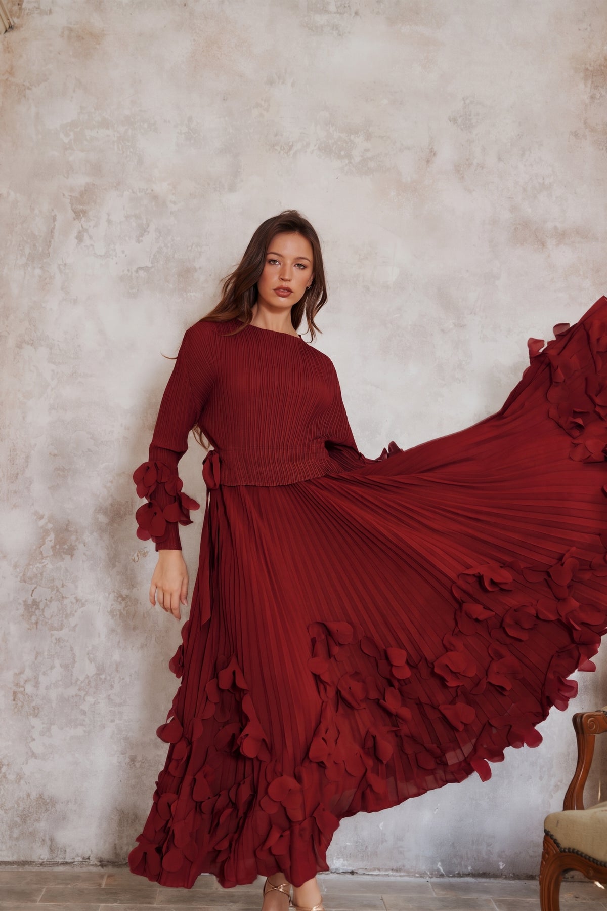 Floral Appliqué Pleated Maxi Dress with Side Tie Waist