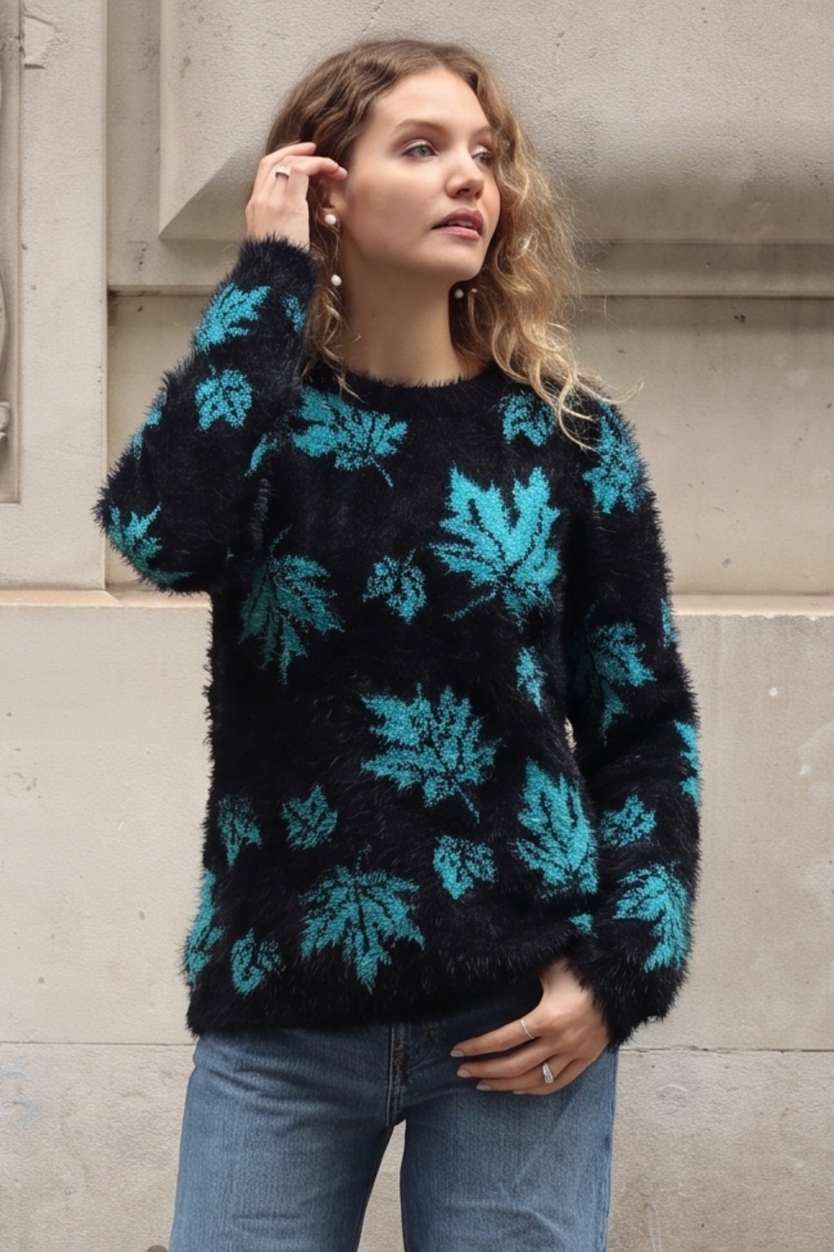 Leaves Print Neon Colour Fluffy Jumper (Blue)