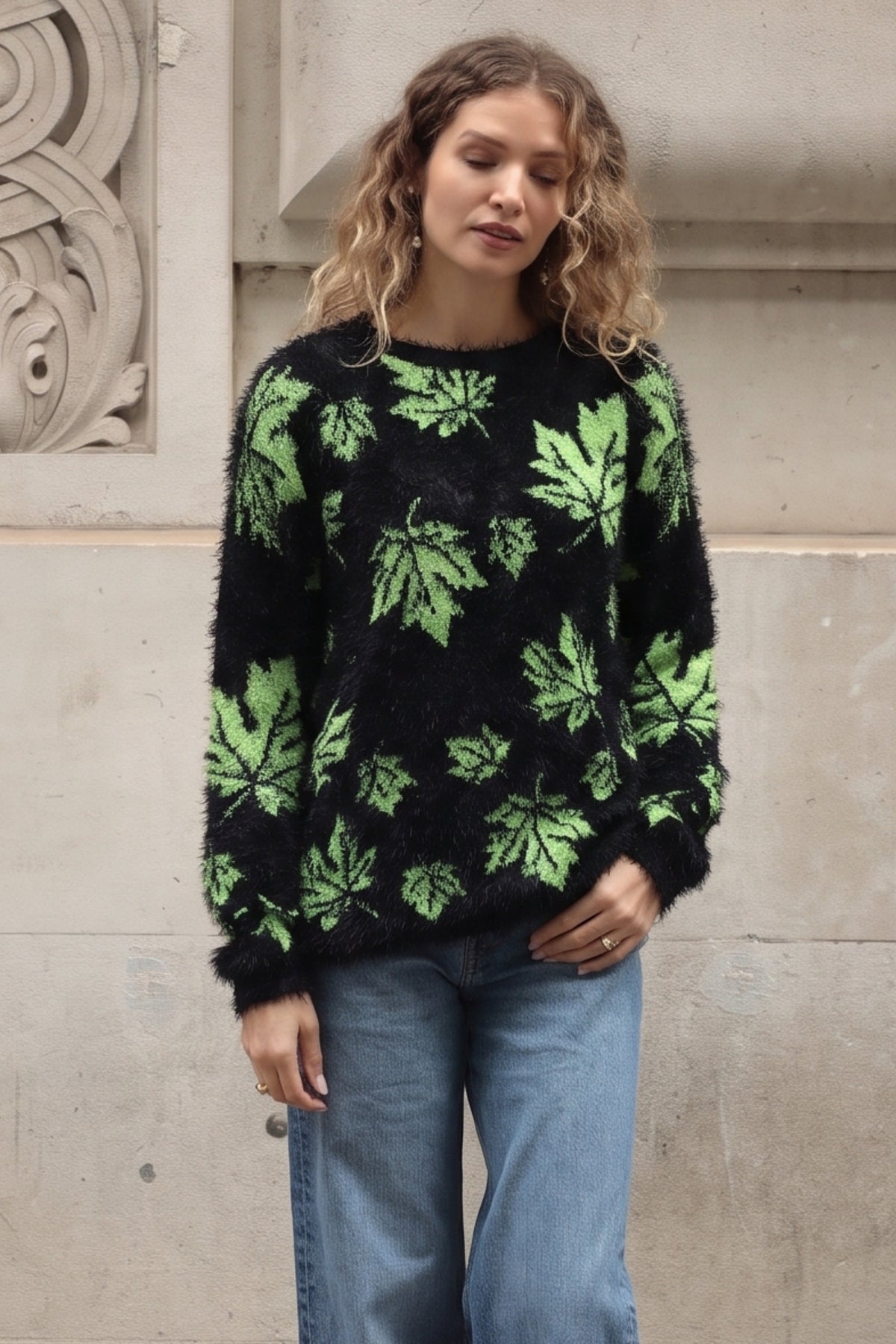 Leaves Print Neon Colour Fluffy Jumper