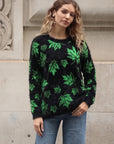 Leaves Print Neon Colour Fluffy Jumper (Green)