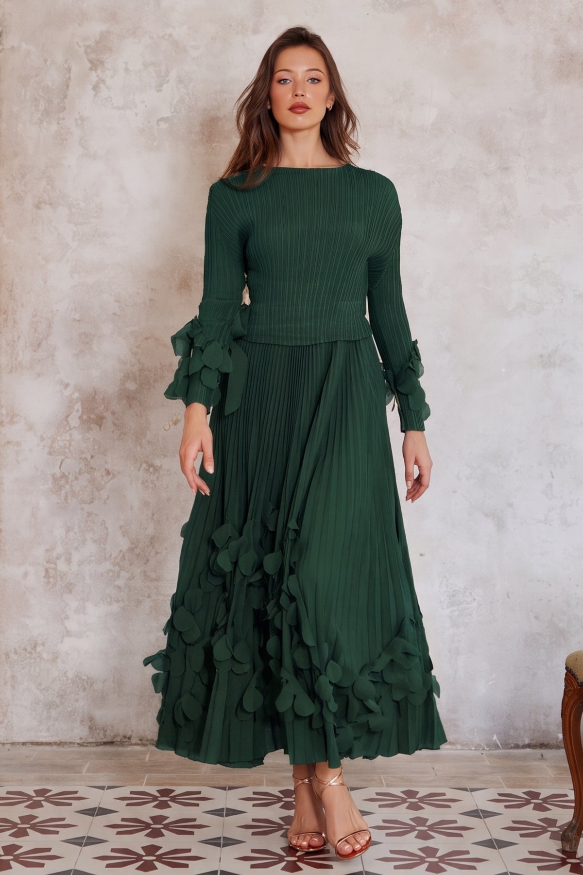 Floral Appliqué Pleated Maxi Dress with Side Tie Waist