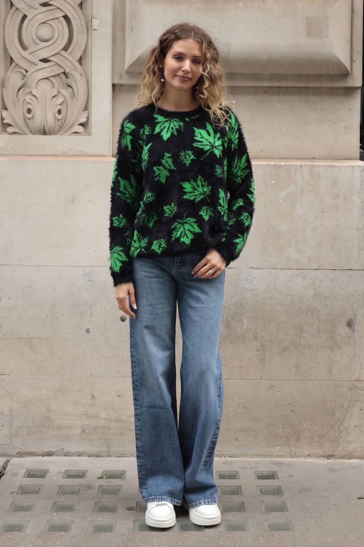 Leaves Print Neon Colour Fluffy Jumper (Green)