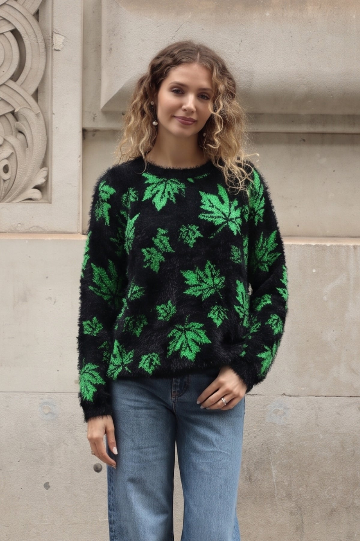 Leaves Print Neon Colour Fluffy Jumper (Green)