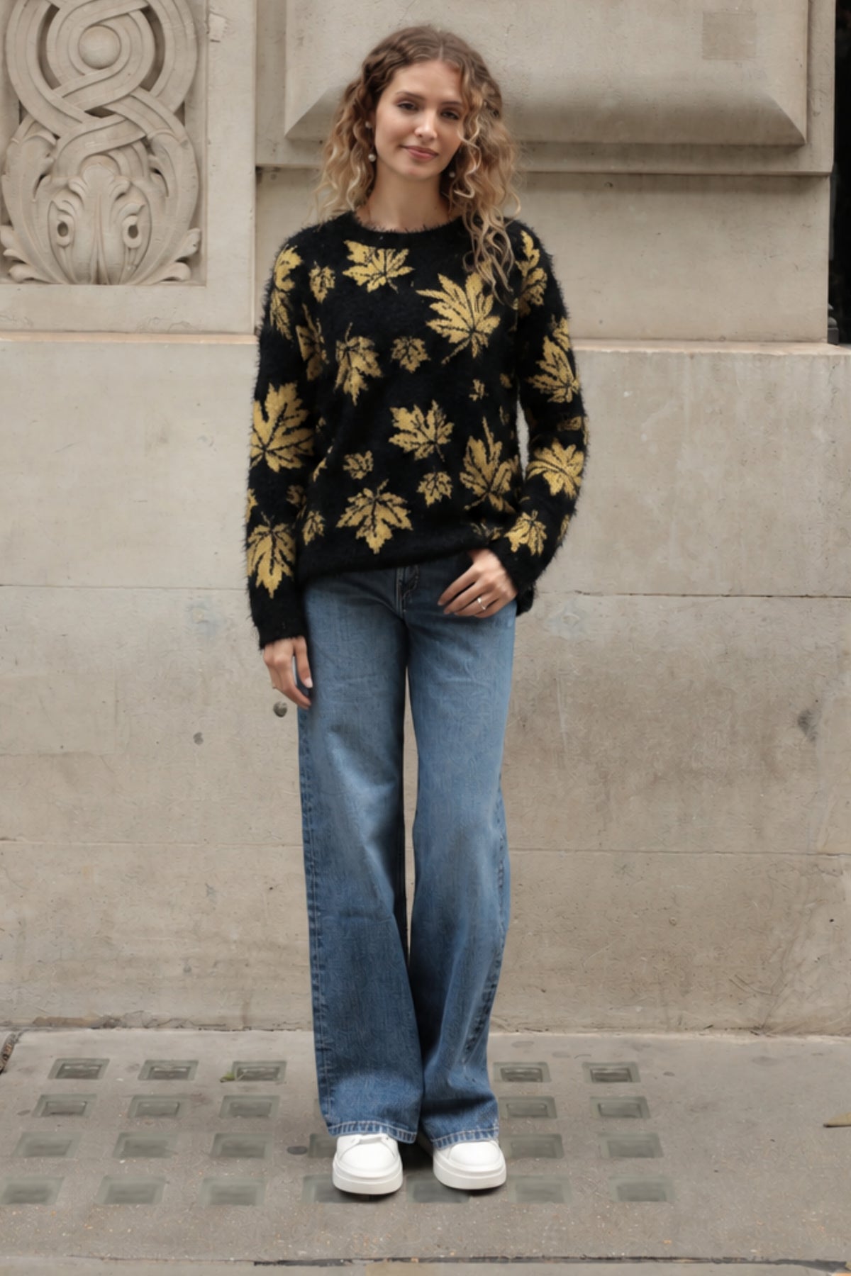 Leaves Print Neon Colour Fluffy Jumper (Yellow)