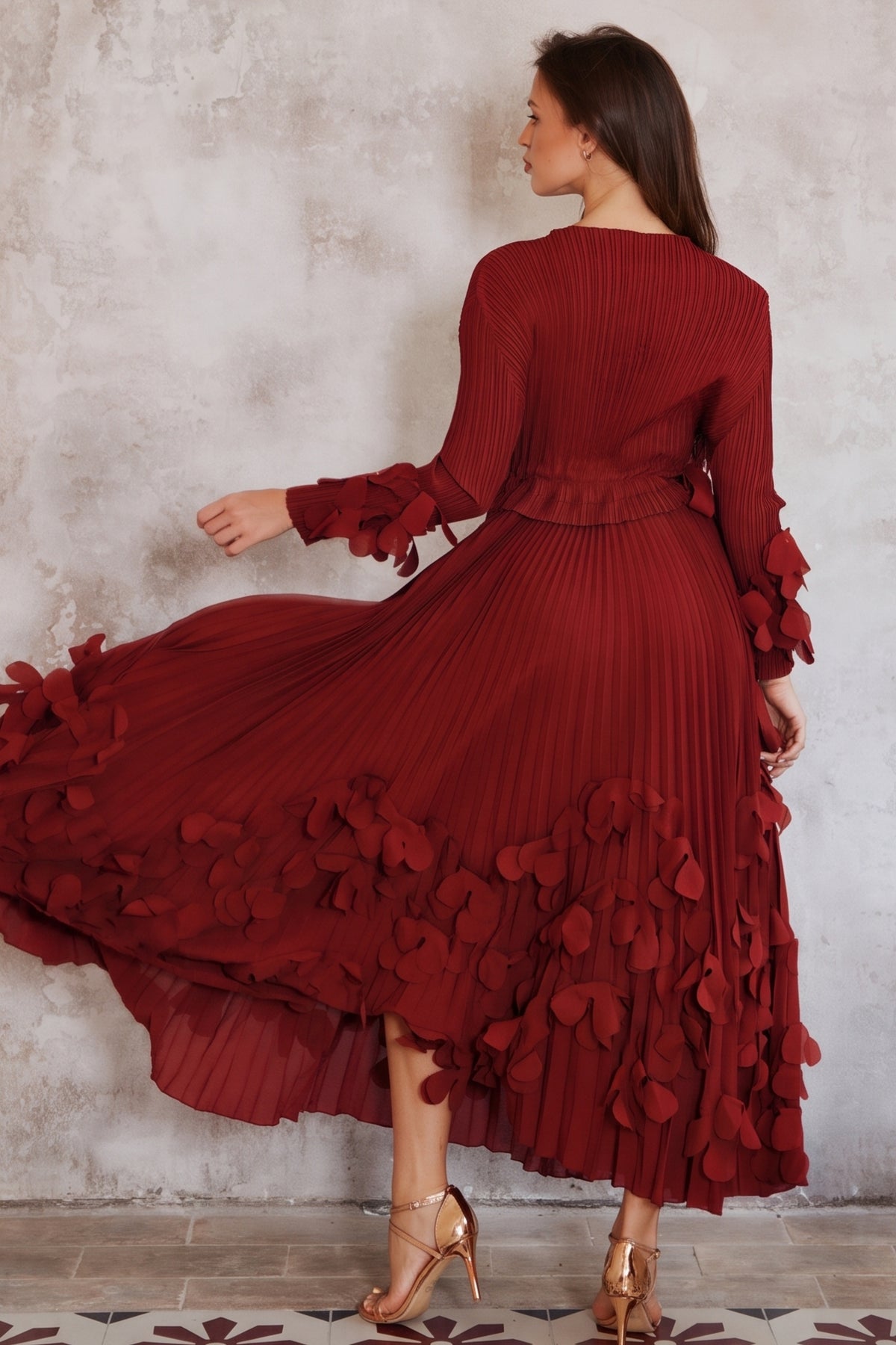 Floral Appliqué Pleated Maxi Dress with Side Tie Waist